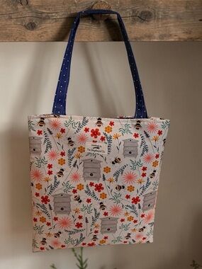 Handmade Bee Print Tote Bag with Navy Handles